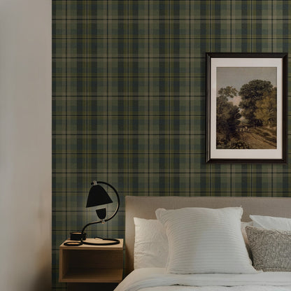 Bedroom wall decorated with Green Tailored Plaid Peel & Stick Casa Mia Wallcovering.