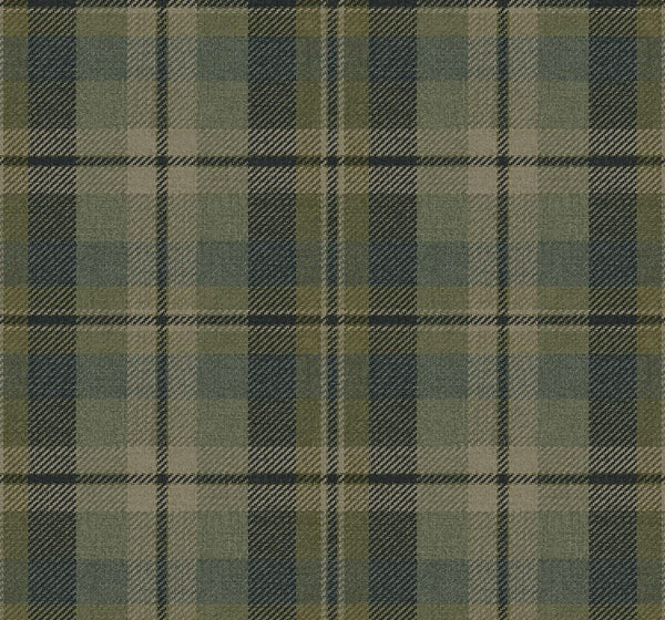 Tailored Plaid Peel Stick wallpaper in green, beige, and black tartan; easy to apply with intersecting squares.