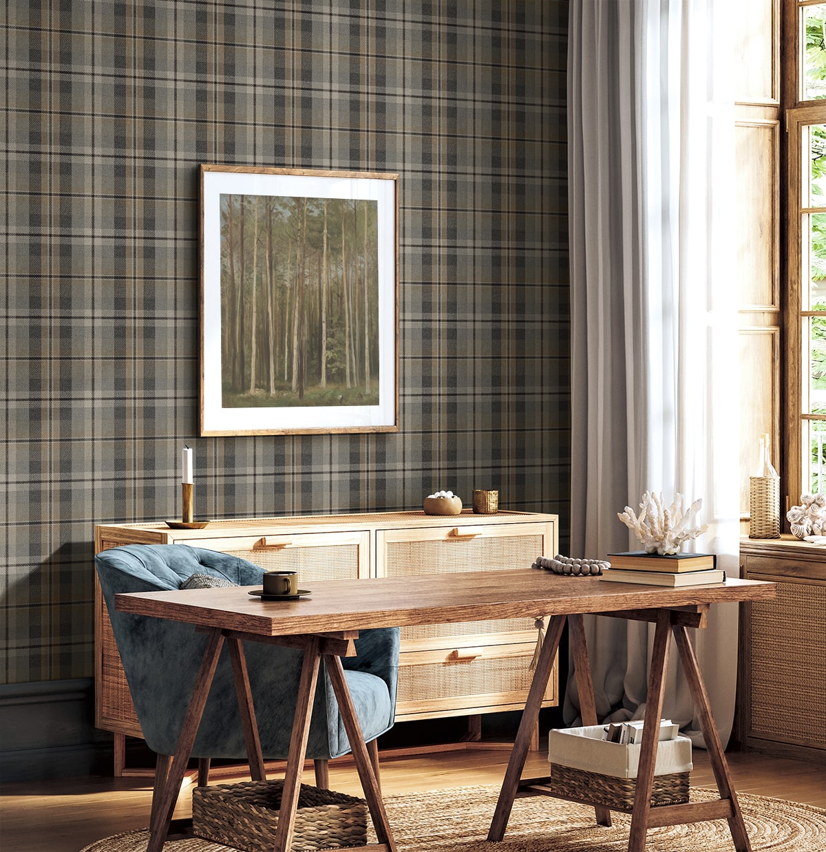 Home office with wooden desk, wall decorated with Gray Tailored Plaid Peel & Stick Casa Mia Wallcovering, and framed artwork.