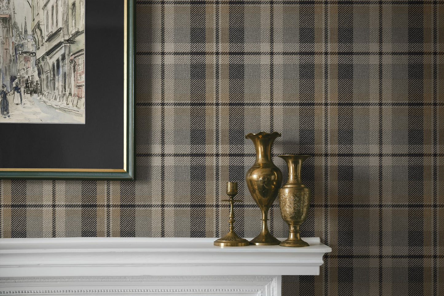 Shelf with metal ornaments and frame on the wall decorated with Gray Tailored Plaid Peel & Stick Casa Mia Wallcovering.