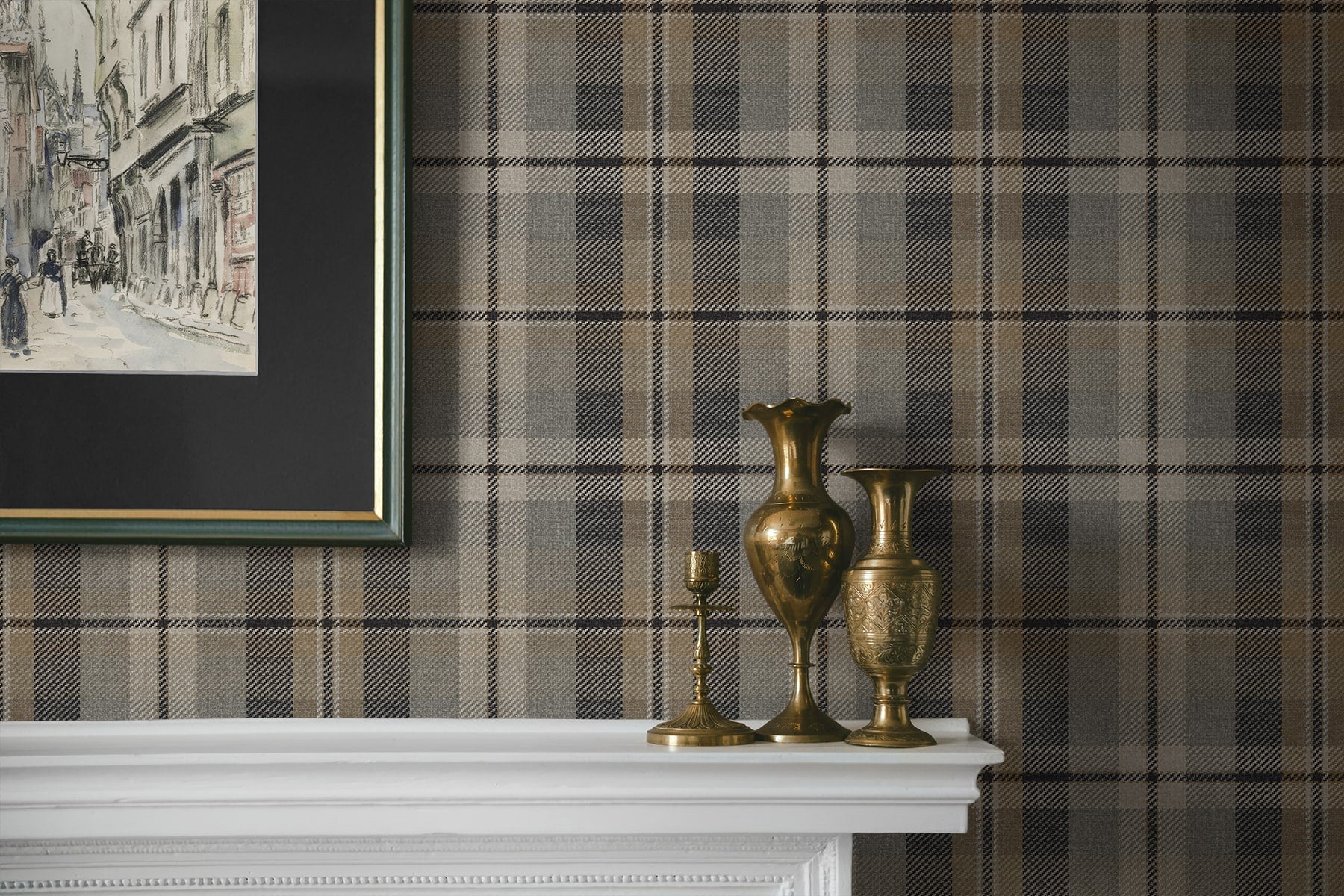 Shelf with metal ornaments and frame on the wall decorated with Gray Tailored Plaid Peel & Stick Casa Mia Wallcovering.