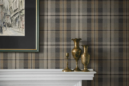 Shelf with metal ornaments and frame on the wall decorated with Gray Tailored Plaid Peel & Stick Casa Mia Wallcovering.