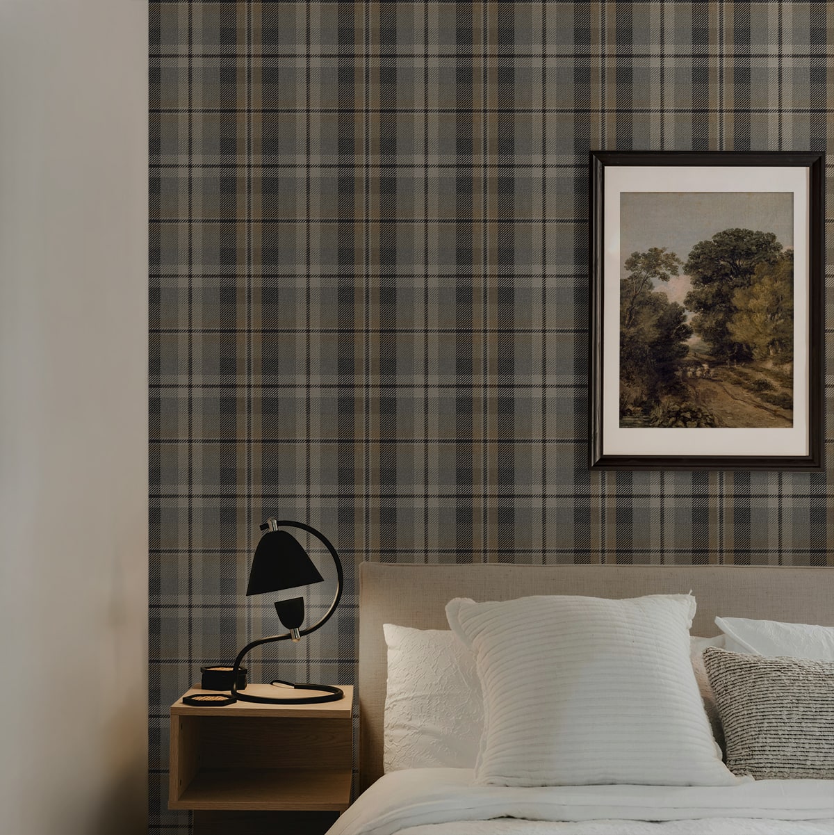Bedroom with wall decorated with Gray Tailored Plaid Peel & Stick Casa Mia Wallcovering.
