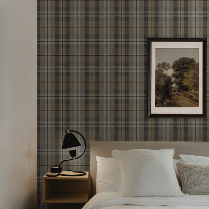 Bedroom with wall decorated with Gray Tailored Plaid Peel & Stick Casa Mia Wallcovering.
