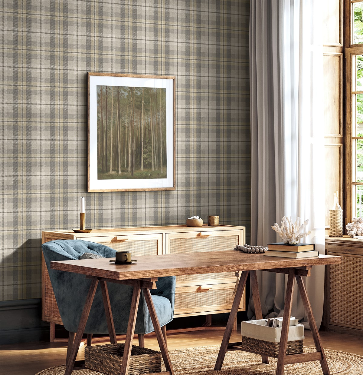 Home office with wooden desk, wall decorated with Light Gray Tailored Plaid Peel & Stick Casa Mia Wallcovering., and framed artwork.