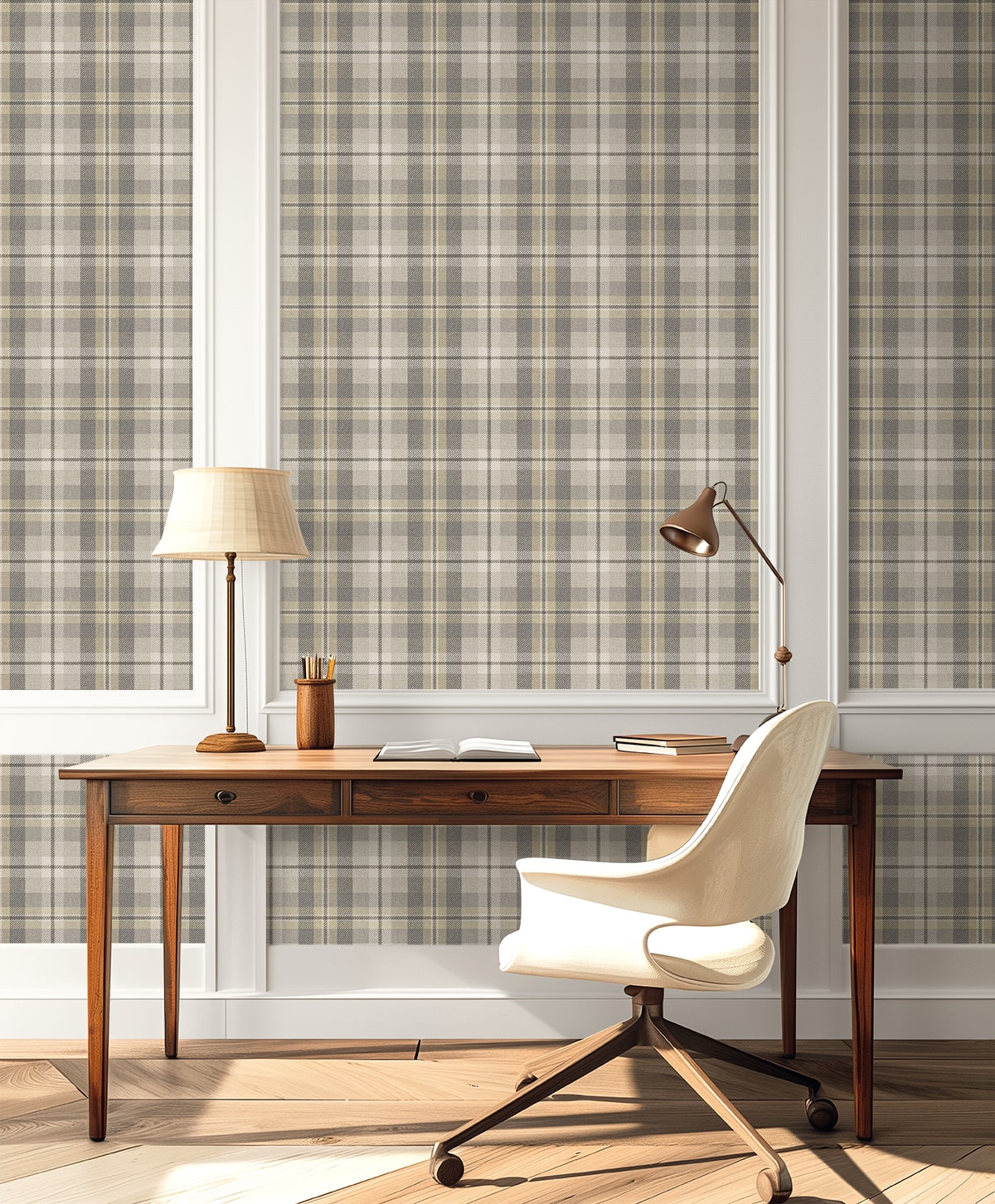 Home office with wooden desk, white chair, and lamp against a wall decorated with Light Gray Tailored Plaid Peel & Stick Casa Mia Wallcovering.