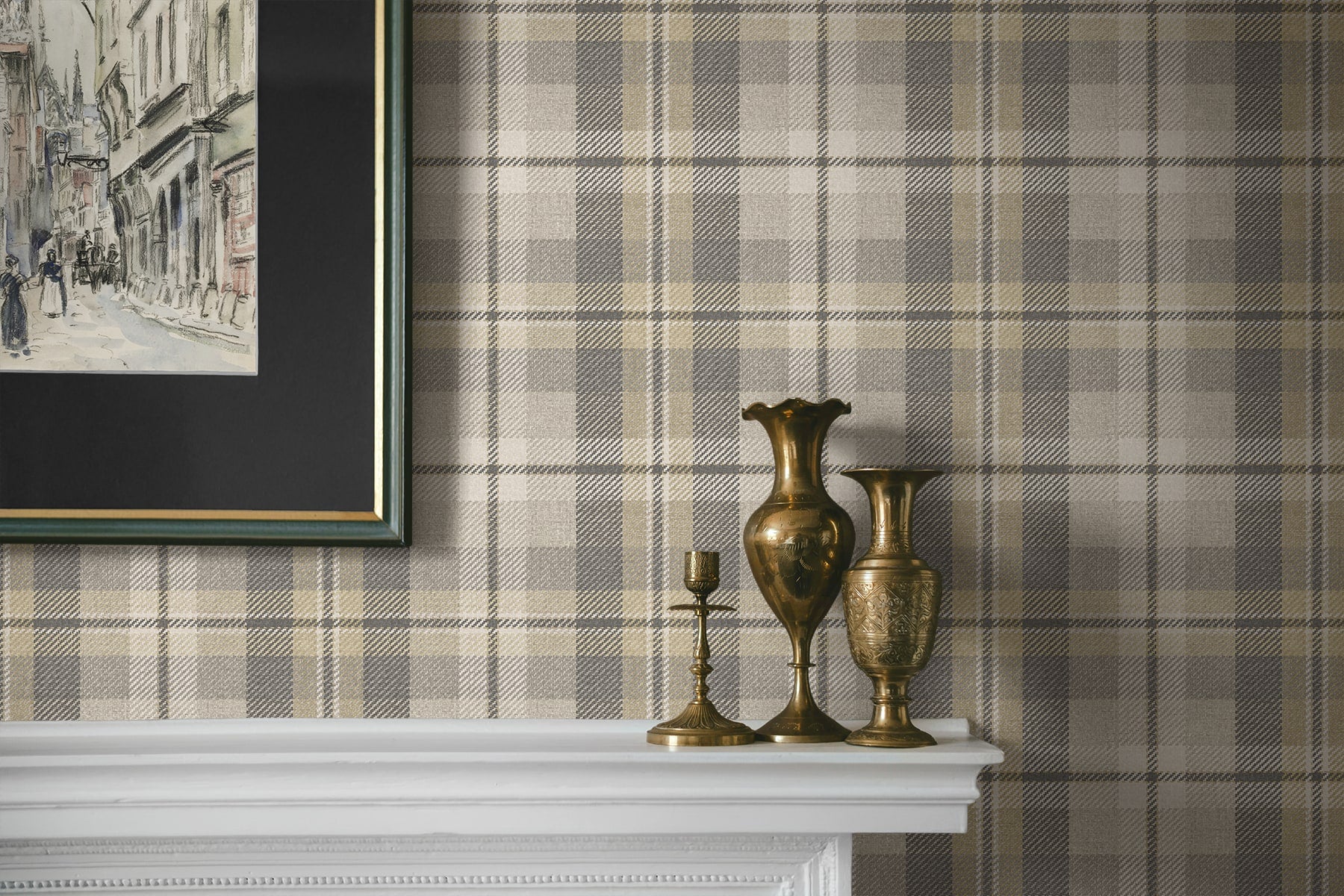 Shelf with metal ornaments and frame on the wall decorated with Light Gray Tailored Plaid Peel & Stick Casa Mia Wallcovering.