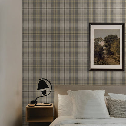 Bedroom with wall decorated with Light Gray Tailored Plaid Peel & Stick Casa Mia Wallcovering.