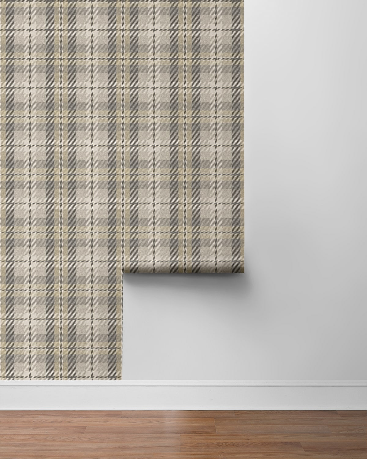 Light Gray Tailored Plaid Peel & Stick Casa Mia Wallcovering sample roll.