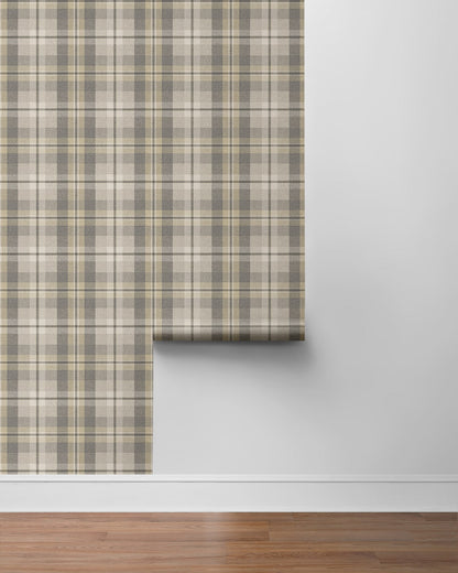 Light Gray Tailored Plaid Peel & Stick Casa Mia Wallcovering sample roll.