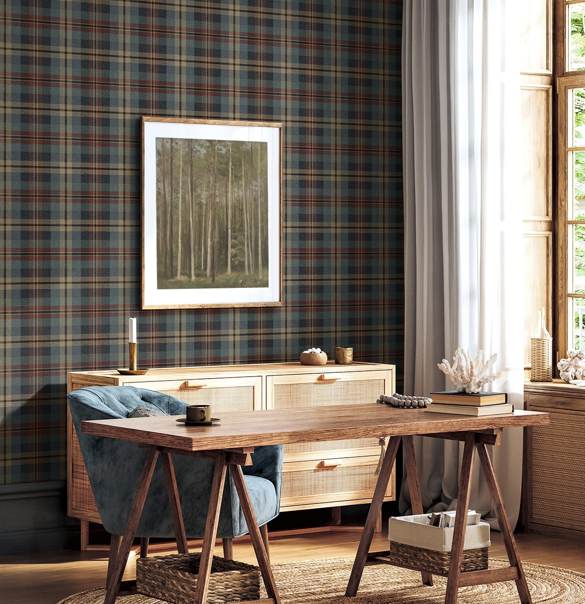 Home office with wooden desk, wall decorated with Multicolor Tailored Plaid Peel & Stick Casa Mia Wallcovering, and framed artwork.