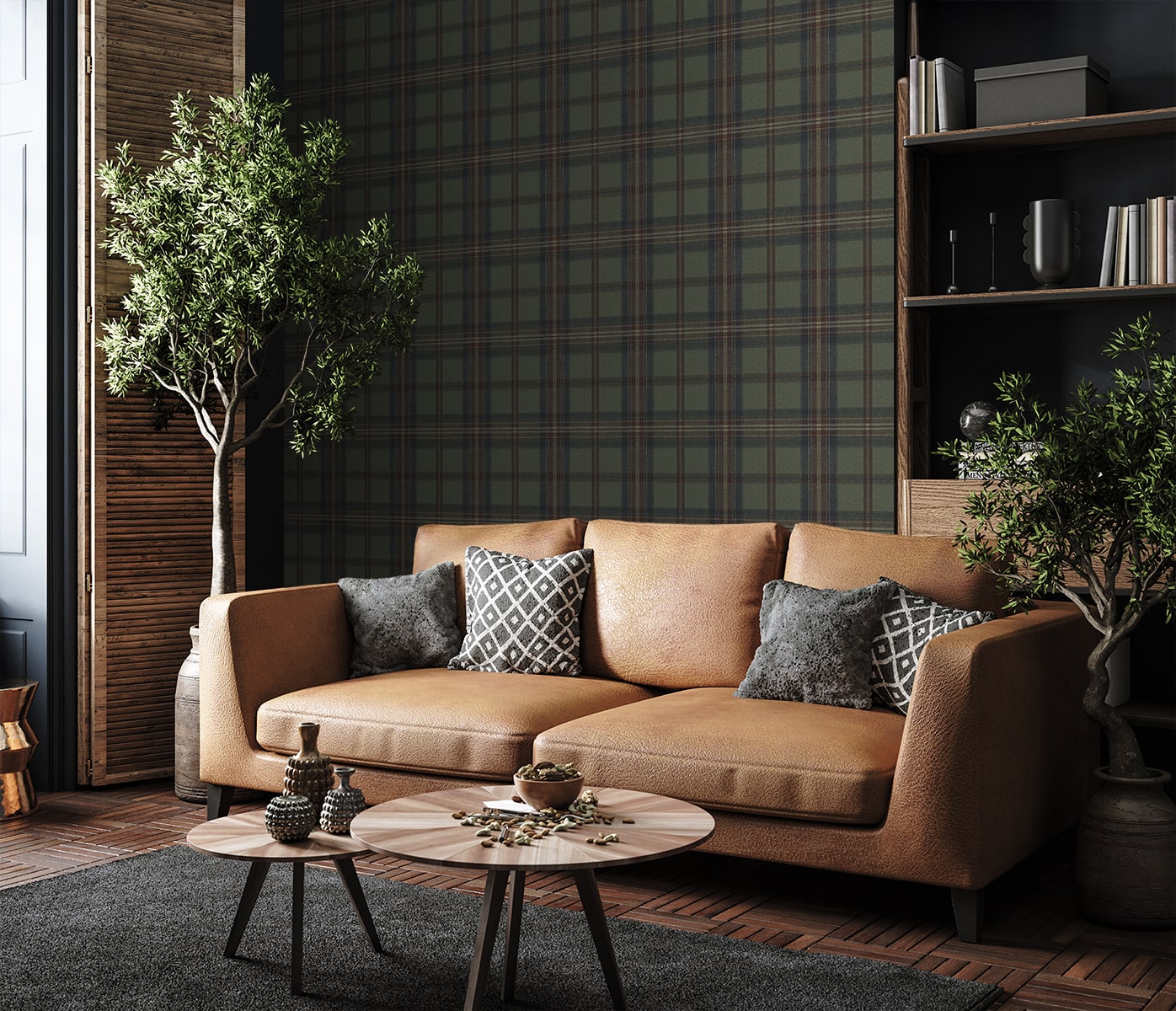 Living room with leather sofa and various cushions next to tall green plants and two round tables with ornaments and bookcase against a wall decorated with Multicolor Broken Twill Plaid Peel & Stick Casa Mia Wallcovering.