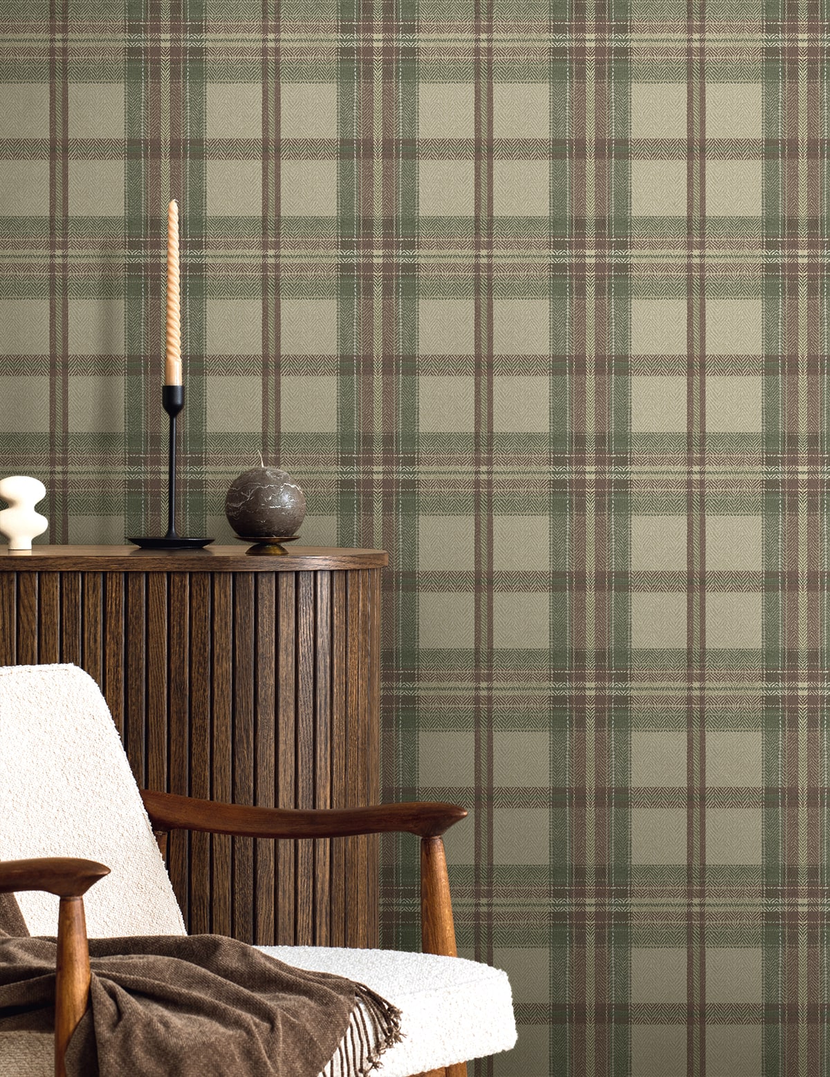 Room interior with Multicolor Greenish Broken Twill Plaid Peel & Stick Casa Mia Wallcovering, wooden sideboard, and chair.