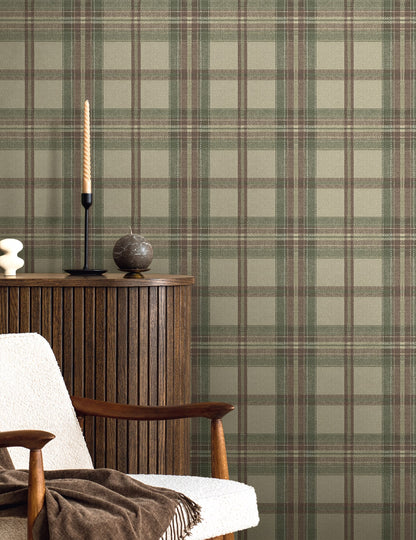 Room interior with Multicolor Greenish Broken Twill Plaid Peel & Stick Casa Mia Wallcovering, wooden sideboard, and chair.