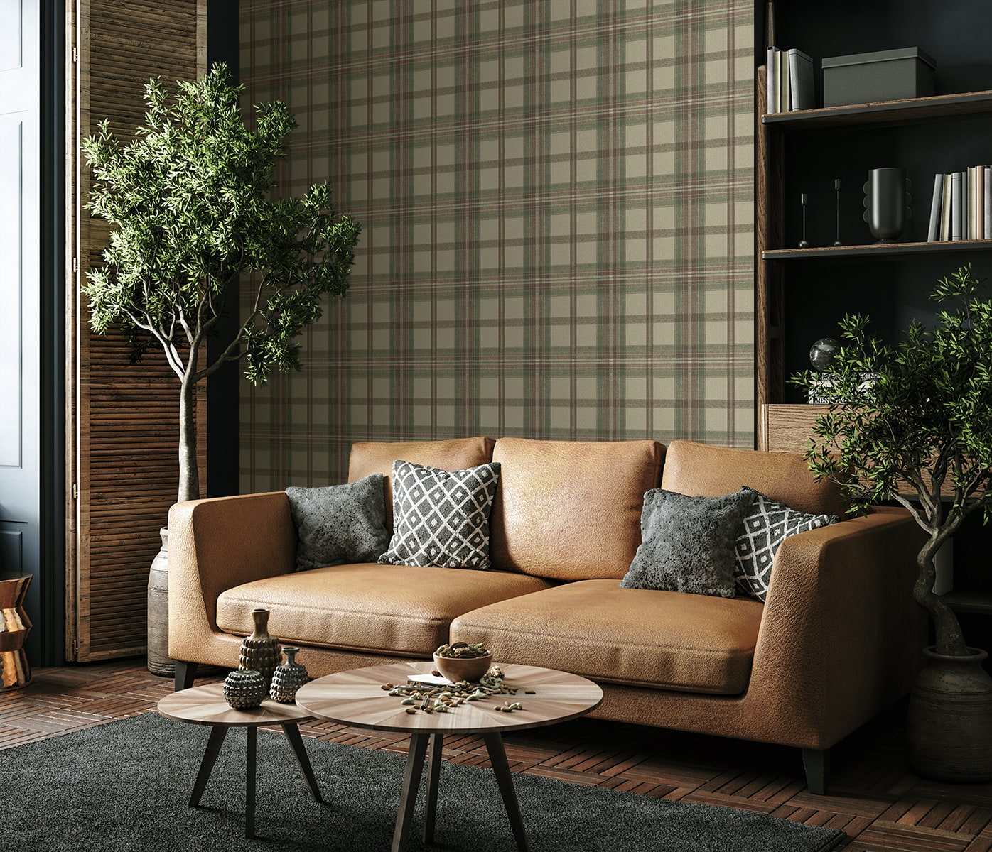 Modern living room with a brown sofa, coffee table, and decorative elements against a wall decorated with Multicolor Greenish Broken Twill Plaid Peel & Stick Casa Mia Wallcovering.