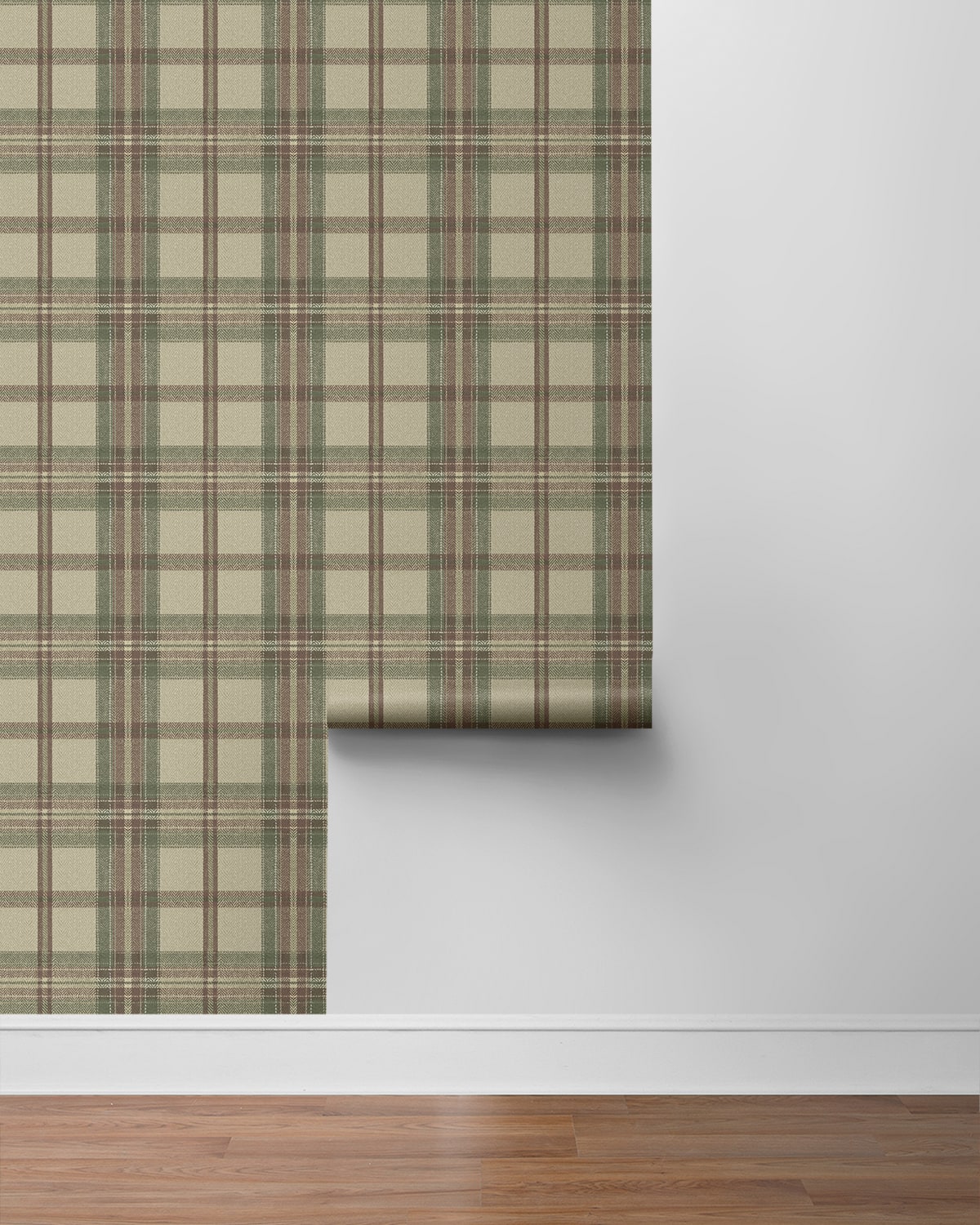 Multicolor Greenish Broken Twill Plaid Peel & Stick Casa Mia Wallcovering sample roll.
