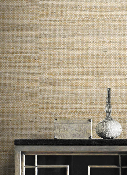 Textured wall decorated Beige Weave Grasscloth Effect Peel & Stick Casa Mia Wallcovering with a decorative vase and glass bowl on a dark surface.
