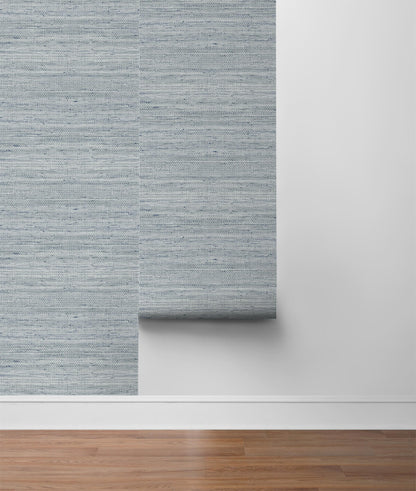 Light Blue Weave Grasscloth Effect Peel & Stick Casa Mia Wallcovering sample roll.
