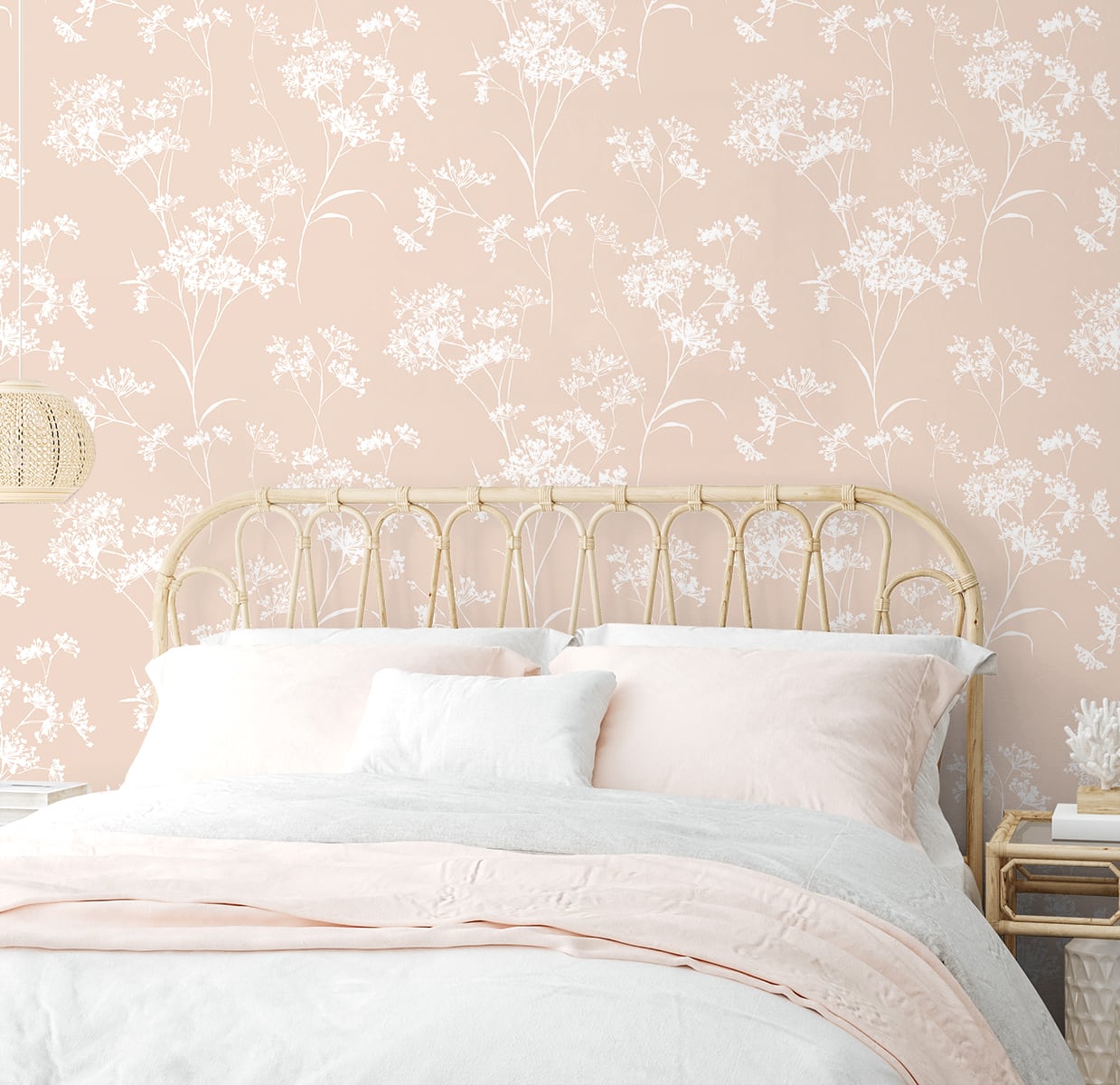 Bedroom wall decorated with Pink Soft Scent Floral Peel & Stick Casa Mia Wallcovering   and a bed with white bedding.