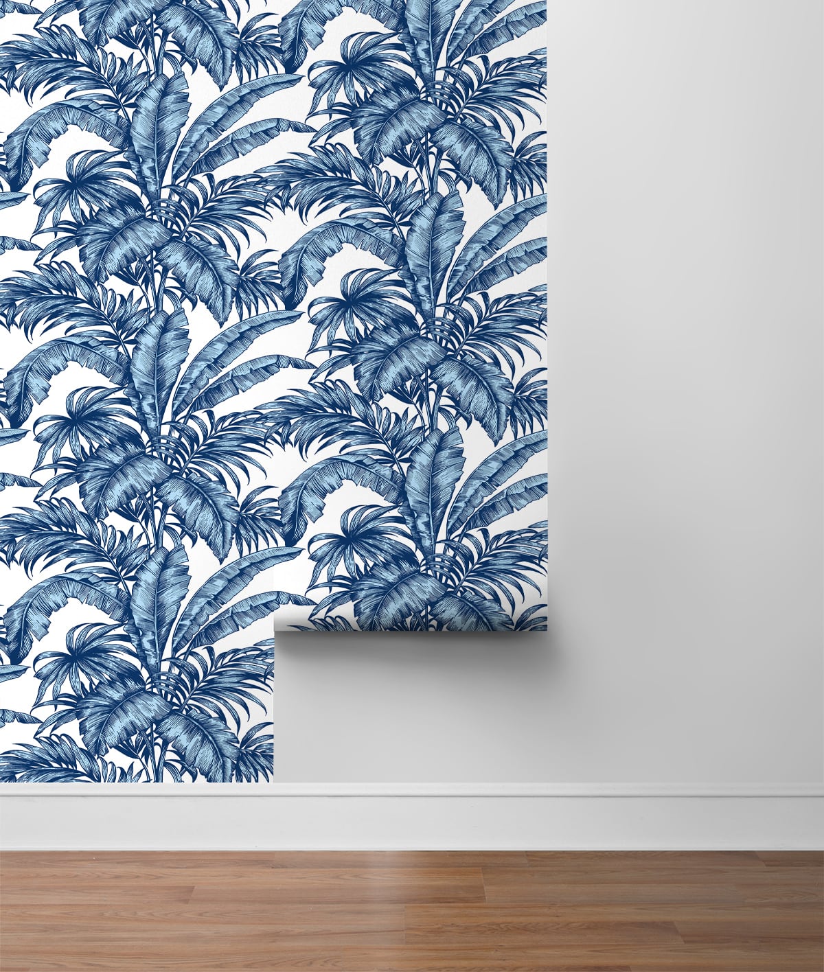 Blue Rainforest Palm Peel & Stick Casa Mia Wallcovering sample roll.
