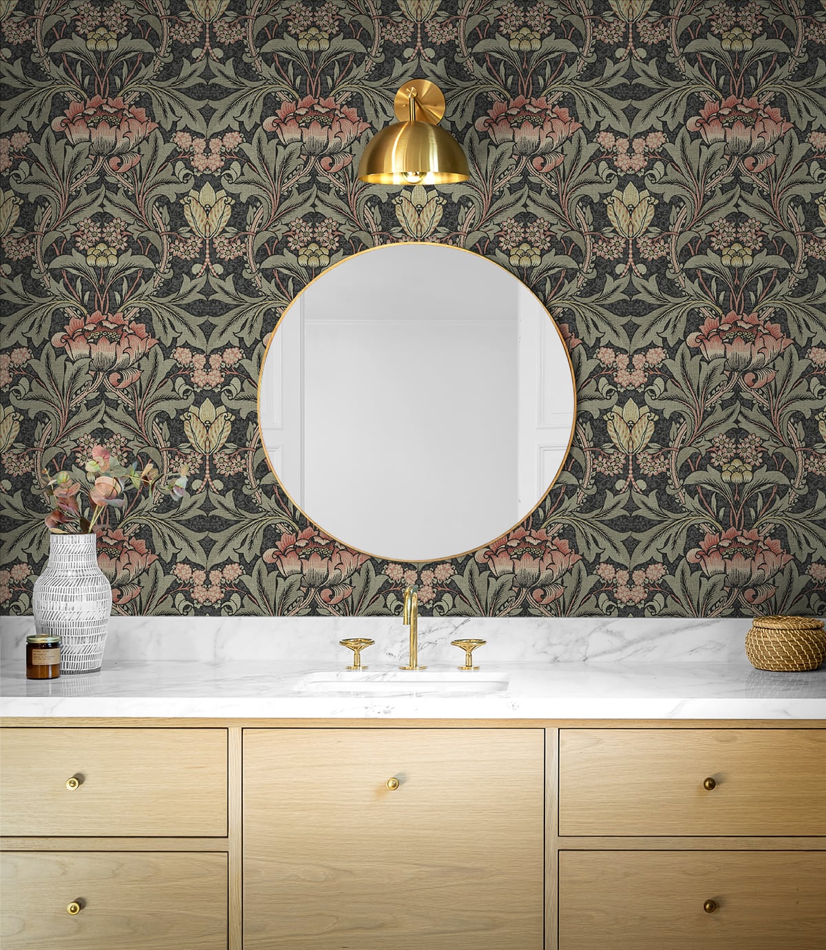 Bathroom decorated with Black & Rose Bear's Breeches Peel & Stick Casa Mia Wallcovering, round mirror, and wooden vanity.