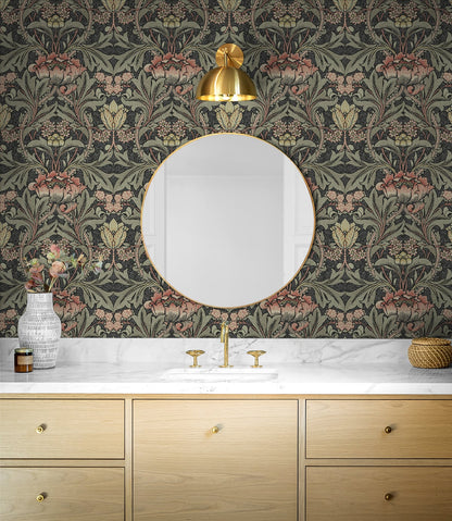 Bathroom decorated with Black & Rose Bear's Breeches Peel & Stick Casa Mia Wallcovering, round mirror, and wooden vanity.