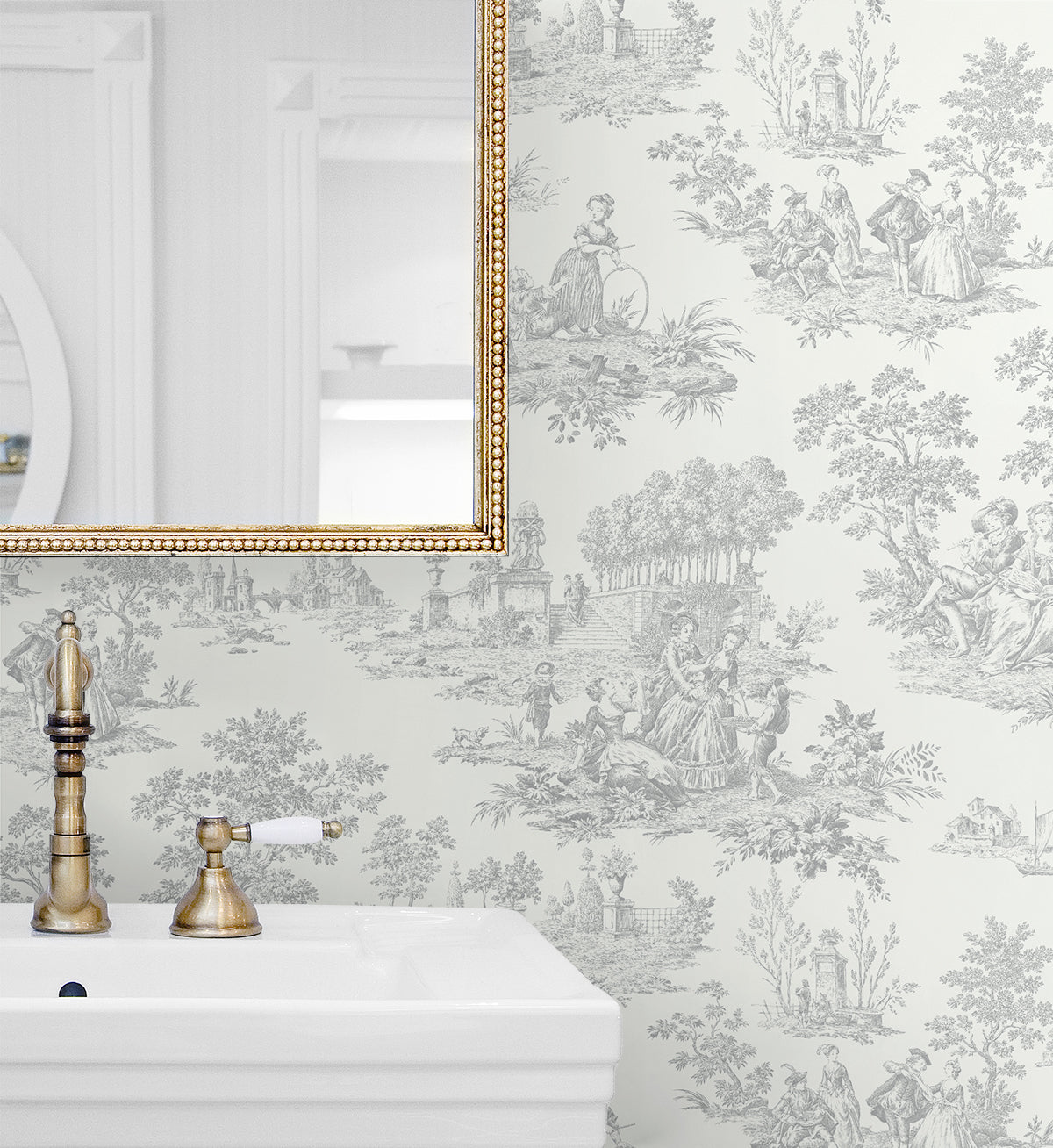 Bathroom with Gray Toile de Jouy Peel & Stick Casa Mia Wallcovering, white sink, and gold faucet