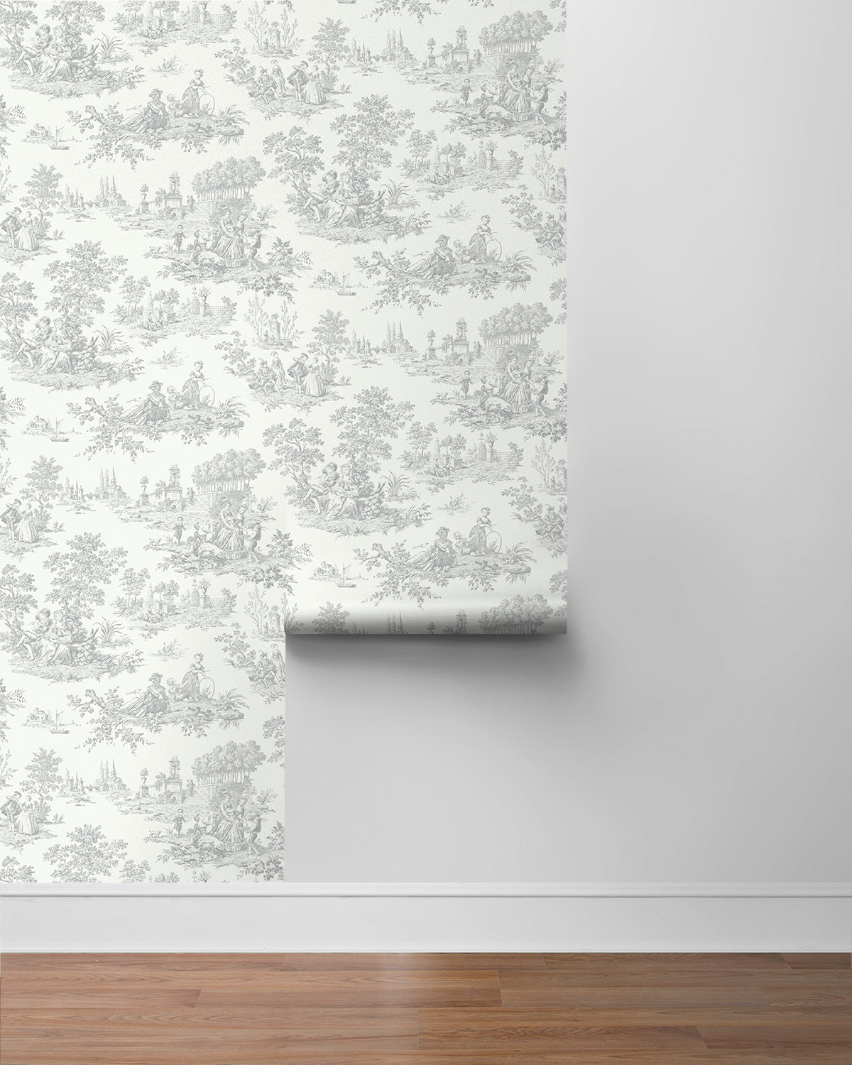 Gray Toile de Jouy Peel & Stick Casa Mia Wallcovering sample roll.