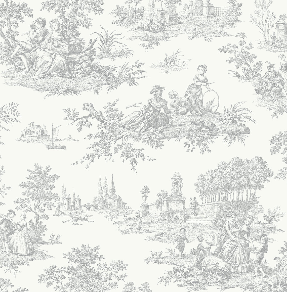 Gray Toile de Jouy Peel & Stick Casa Mia Wallcovering close-up.