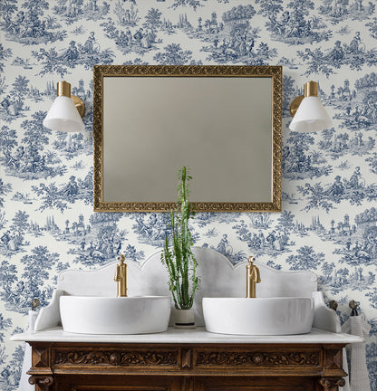 Bathroom wall decorated with Blue Toile de Jouy Peel & Stick Casa Mia Wallcovering, mirror, and vanity.