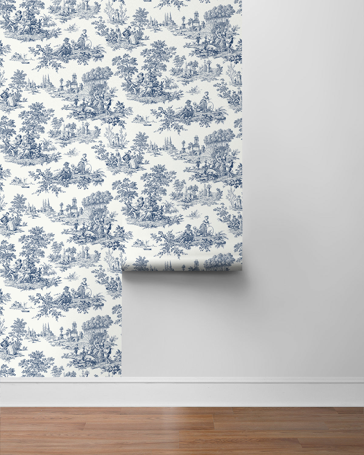Blue Toile de Jouy Peel & Stick Casa Mia Wallcovering sample roll.