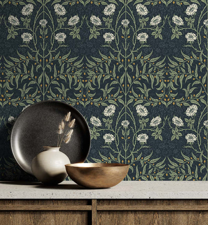 Wall decorated with Blue Drawn Floral Peel & Stick Casa Mia Wallcovering, ceramic plates, and bowl on a wooden surface.