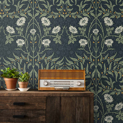 Vintage radio on a wooden cabinet with against a wall decorated with Blue Drawn Floral Peel & Stick Casa Mia Wallcovering.
