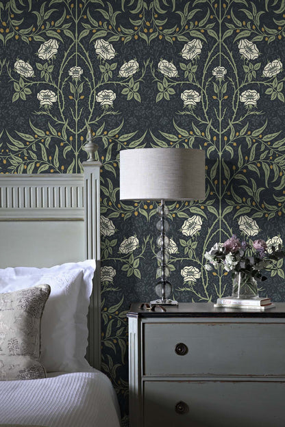 Wall decorated with Blue Drawn Floral Peel & Stick Casa Mia Wallcovering in a bedroom with a lamp and vase on a nightstand.