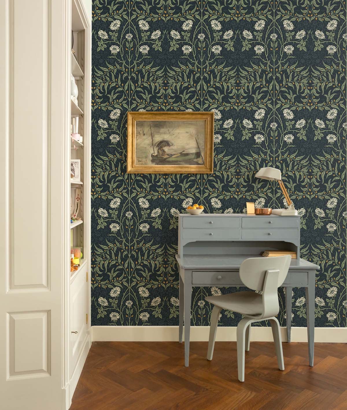 Room with Blue Drawn Floral Peel & Stick Casa Mia Wallcovering, desk, and chair.