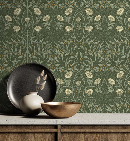 Wall decorated with Green Drawn Floral Peel & Stick Casa Mia Wallcovering, plates, and bowls on a wooden surface.
