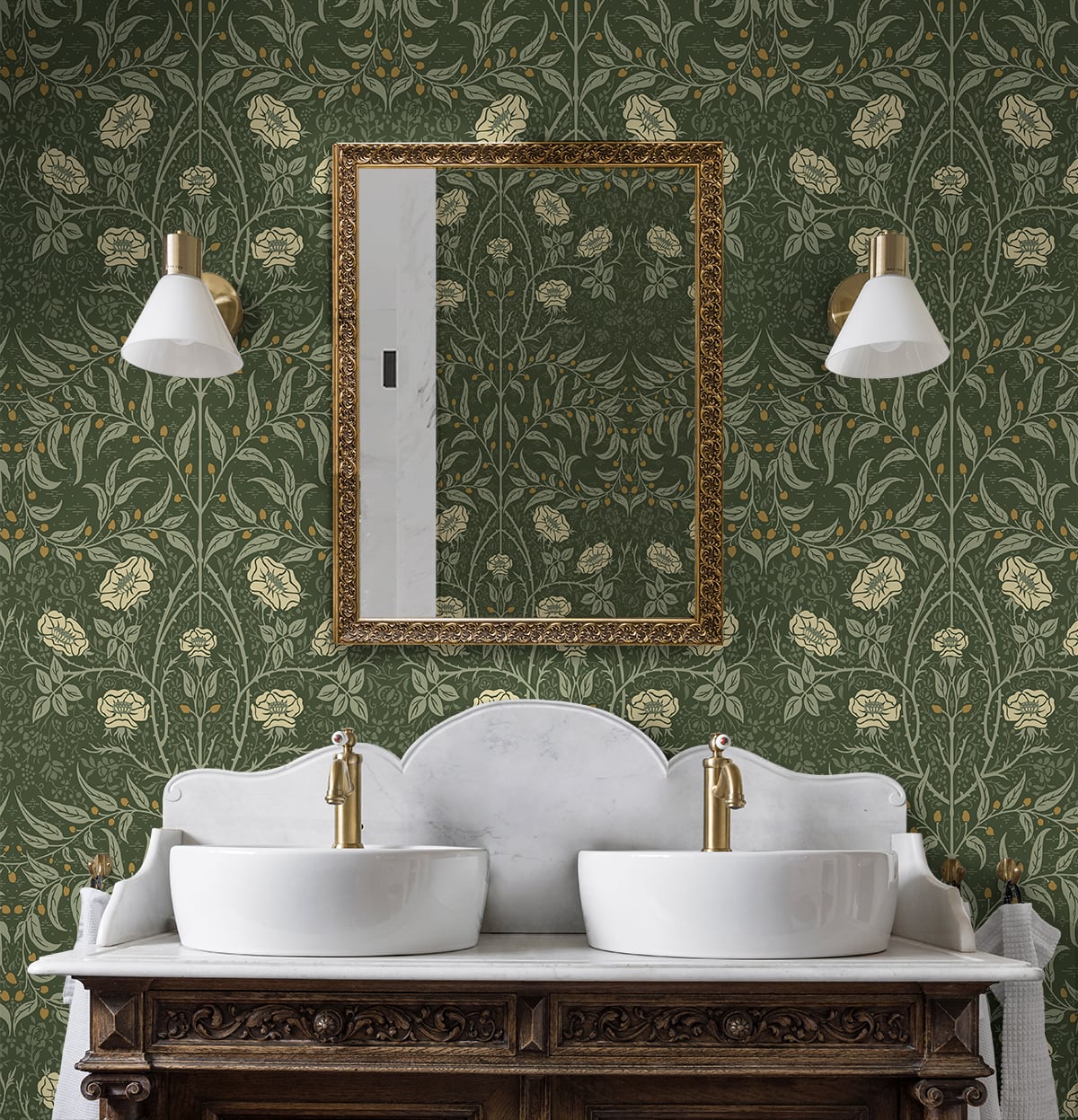 Bathroom with wall decorated with Green Drawn Floral Peel & Stick Casa Mia Wallcovering, double sink, and decorative mirror.