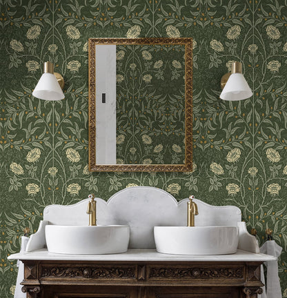 Bathroom with wall decorated with Green Drawn Floral Peel & Stick Casa Mia Wallcovering, double sink, and decorative mirror.