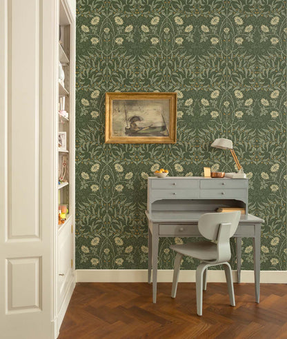 Room interior with Green Drawn Floral Peel & Stick Casa Mia Wallcovering, desk, and chair.