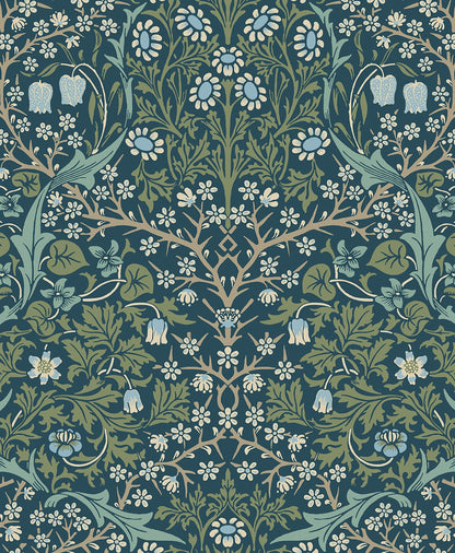 Blue & Green Victorian Floral Peel & Stick Casa Mia Wallcovering close-up.
