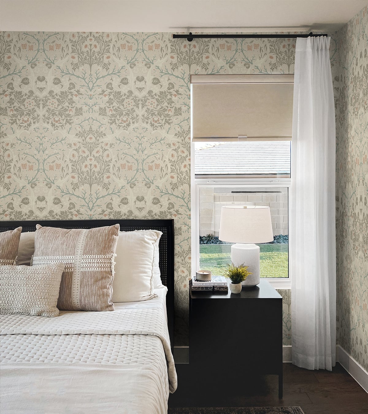 Neatly arranged bedroom with Beige Victorian Floral Peel & Stick Casa Mia Wallcovering, bed, nightstand, and lamp.