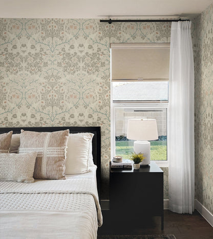 Neatly arranged bedroom with Beige Victorian Floral Peel & Stick Casa Mia Wallcovering, bed, nightstand, and lamp.