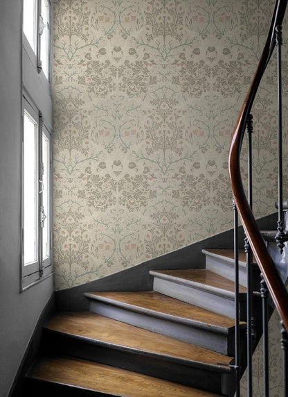 Staircase with wooden steps and a wall decorated with Beige Victorian Floral Peel & Stick Casa Mia Wallcovering.