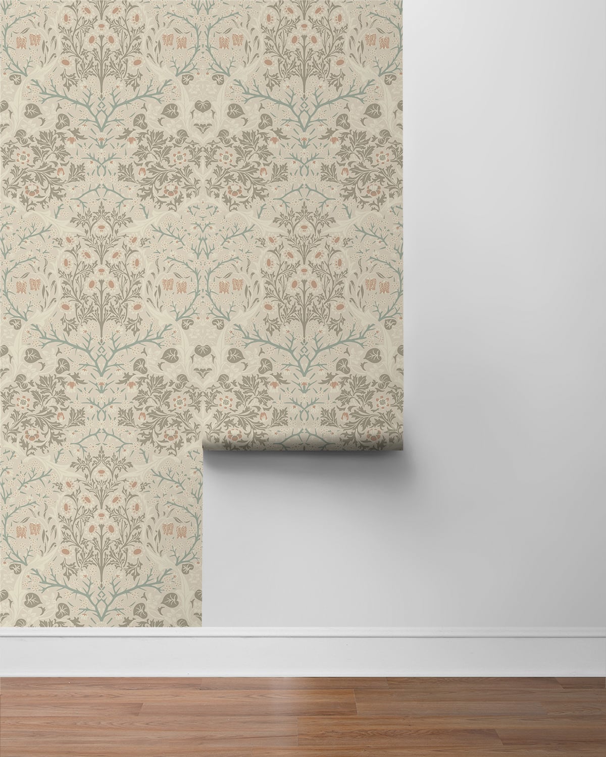 Beige Victorian Floral Peel & Stick Casa Mia Wallcovering sample roll.