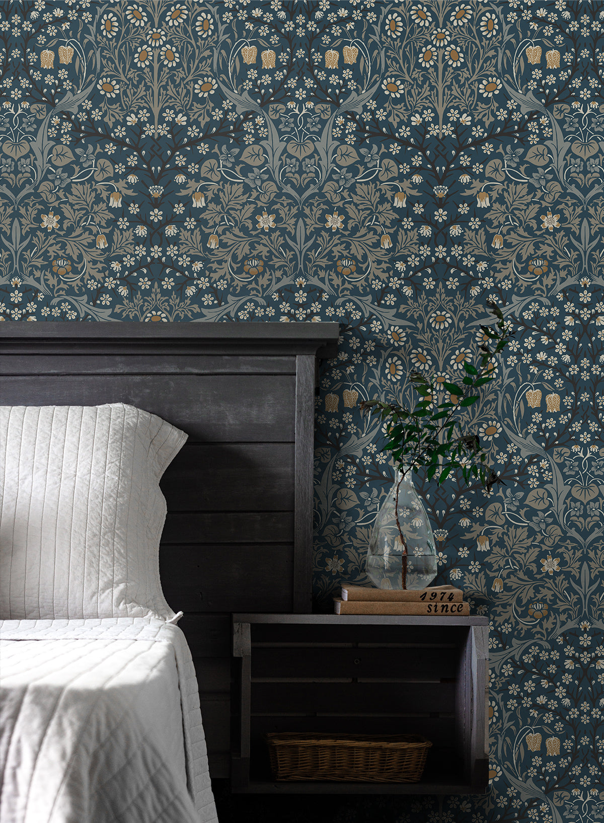 Bedroom with Blue & Gray Victorian Floral Peel & Stick Casa Mia Wallcovering, bed, and nightstand.