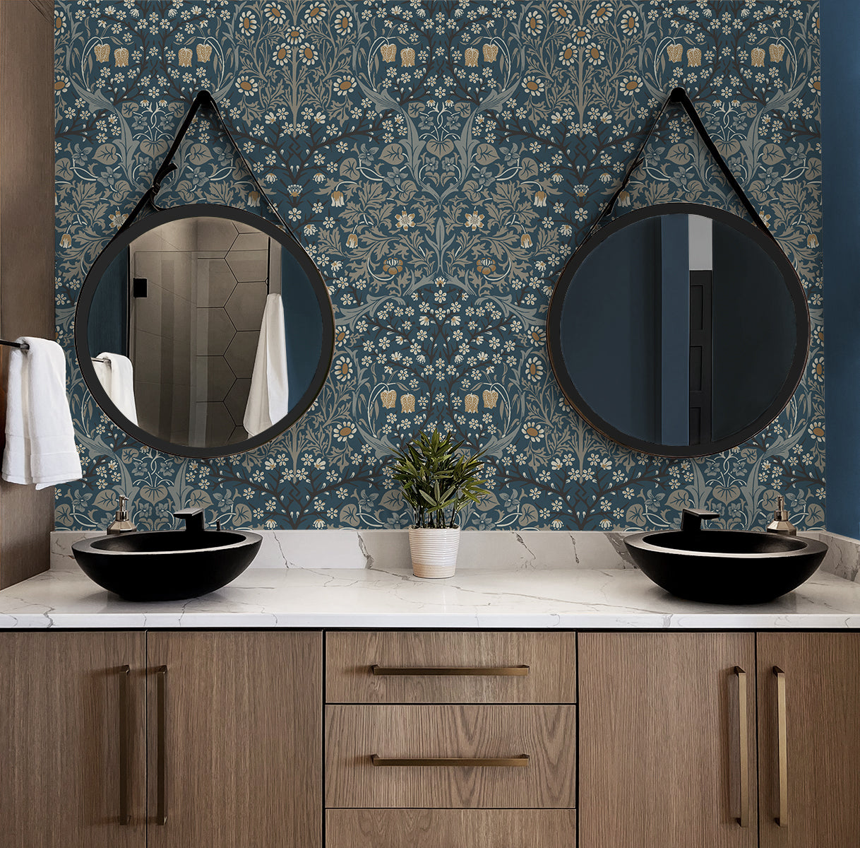 Bathroom with double vanity, round mirrors, and wall decorated with Blue & Gray Victorian Floral Peel & Stick Casa Mia Wallcovering.