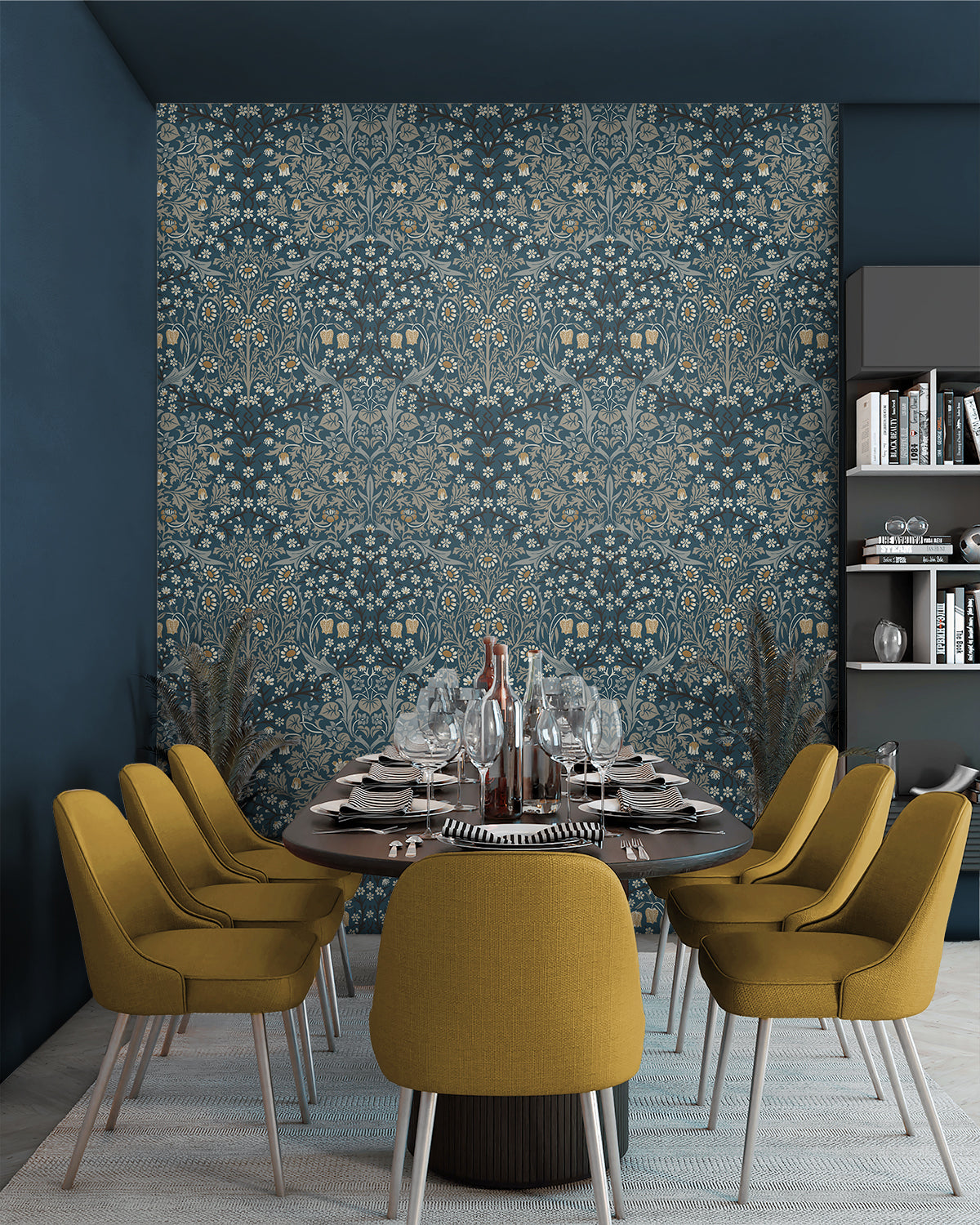 Dining room with yellow chairs, a round table, and wall decorated with Blue & Gray Victorian Floral Peel & Stick Casa Mia Wallcovering.
