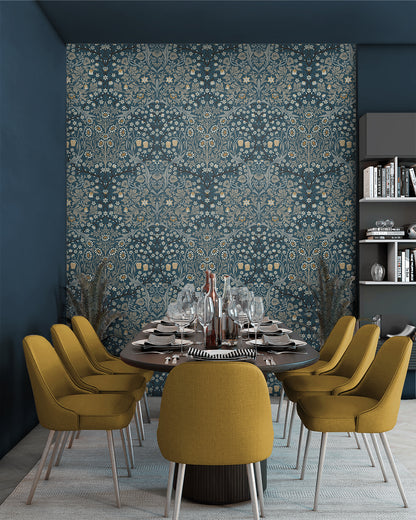 Dining room with yellow chairs, a round table, and wall decorated with Blue & Gray Victorian Floral Peel & Stick Casa Mia Wallcovering.