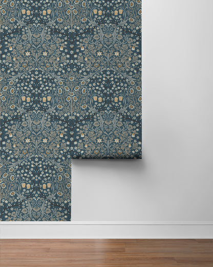 Blue & Gray Victorian Floral Peel & Stick Casa Mia Wallcovering sample roll.