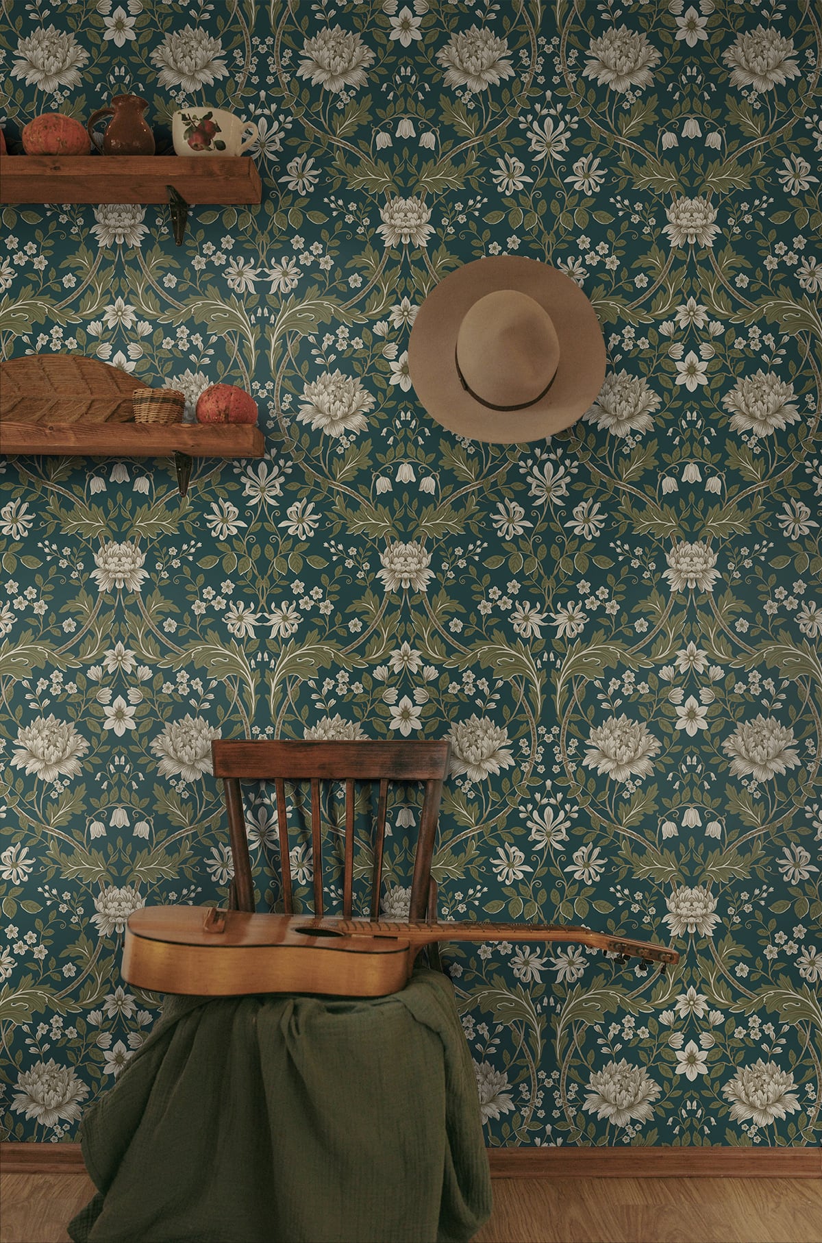 Wooden chair with a guitar against a wall decorated with Teal Woodbine Trail Peel & Stick Casa Mia Wallcovering.